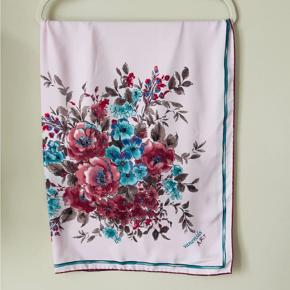 Floral Silk Like Scarf with Pink and Blue Accents EUC - Picture 3 of 4